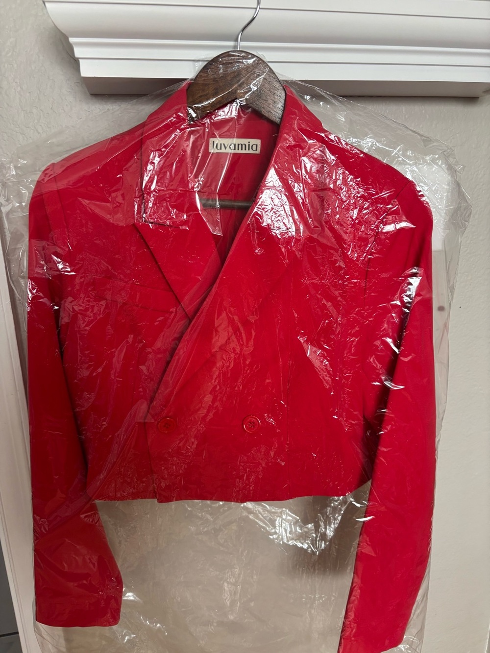 Women's Red Cropped Double-Breasted Jacket